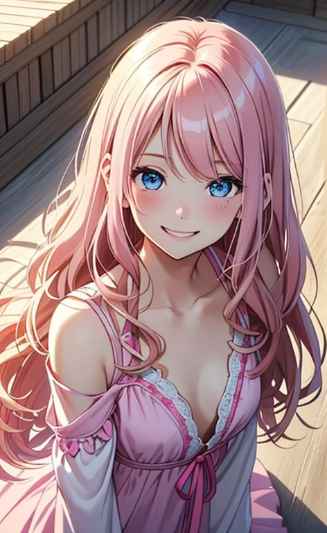 (masterpiece:1.4、top-quality、illustration:1.4,realistic、)、(character focus、,upper body:1.3)、(1girl),(happy smile:1.3),(cute),cute face,blue eyes、(from above:1.3)、
,(stand:1.4),(pink blonde hair),hair ornaments、
,(slender),(loose dress:1.3),
(wavy hair), (flat chest:1.3)、
、slender、