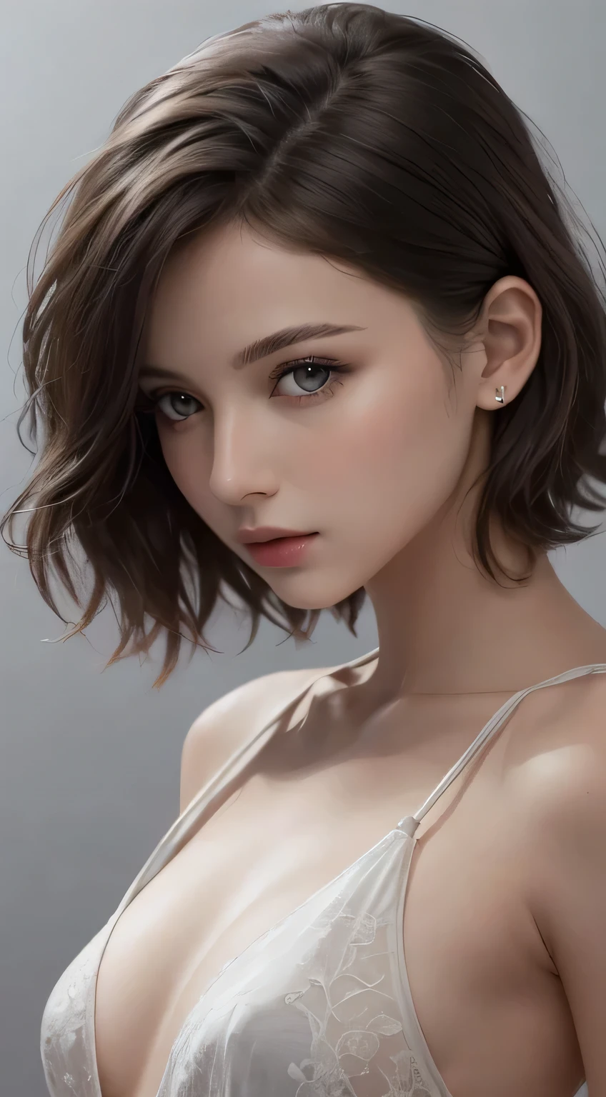 8K uhd、RAWphotograph、Model photo shoot、 European race、(masterpiece、highest quality、Photorealistic、High resolution、photograph:1.3)、Close-up、Focusing、Hot Model、slim、30 year old mature woman、Small face、No makeup、Short Hair、Dark Brown Hair、Fine beautiful eyes、Real Skin、(perfect body)、Detailed beautiful eyes、Glossy lips、Small breasts、Small breasts、Bust B cup、Realistic details、Cool beauty、Cool pose、Background gray、Plain grey background、