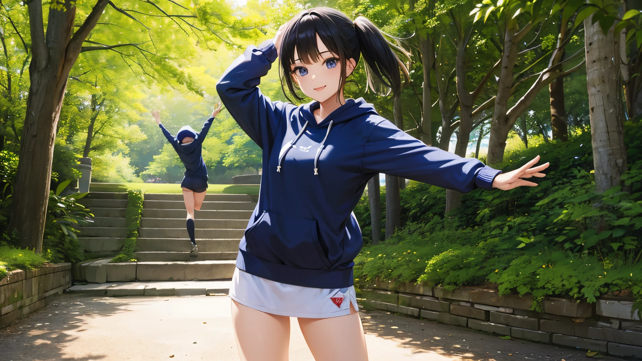 Two-dimensional characters、beautiful girl、smile、Wearing a hoodie、Dancing in nature