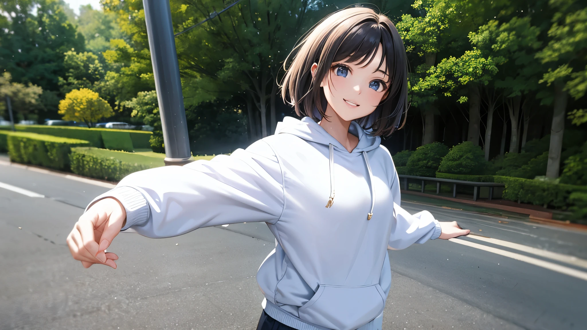 Two-dimensional characters、beautiful girl、smile、Wearing a hoodie、Dancing in nature