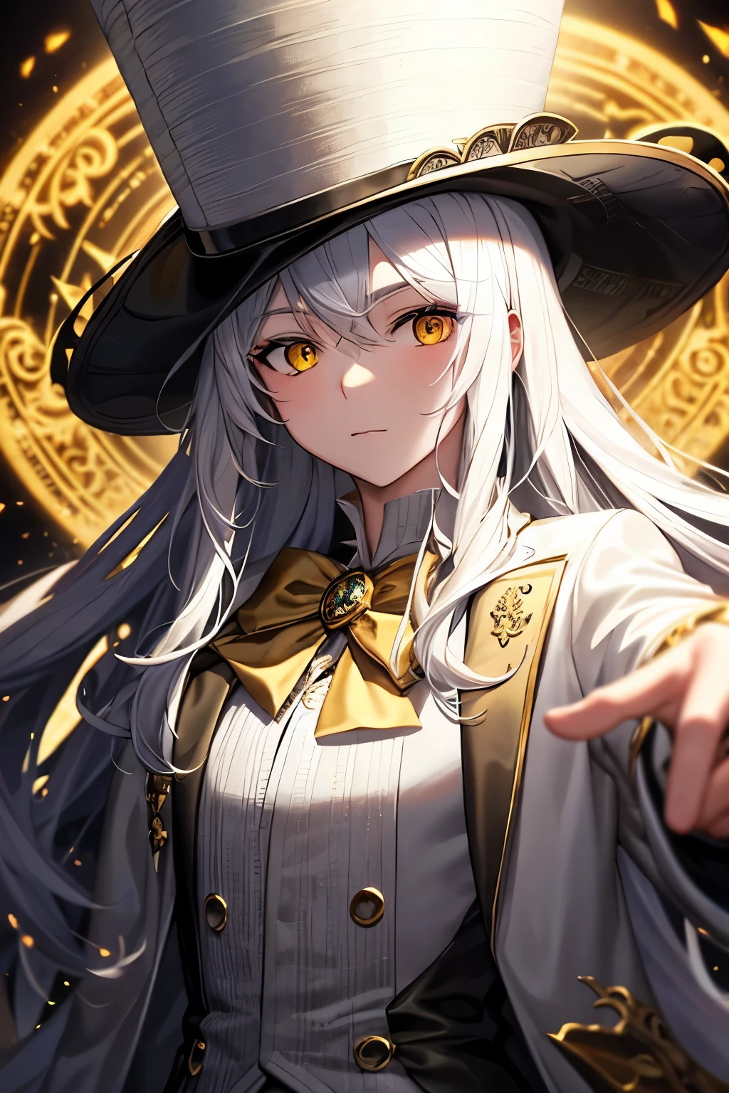 Male about 18 years old, White Gothic jacket with golden roots pattern, white top hat, white long hair, yellow eyes, Yigdrasil.