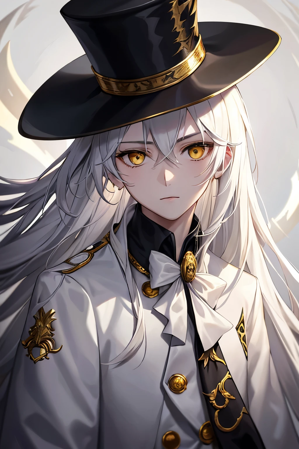 Male about 18 years old, White Gothic jacket with golden roots pattern, white top hat, white long hair, yellow eyes, Yigdrasil.