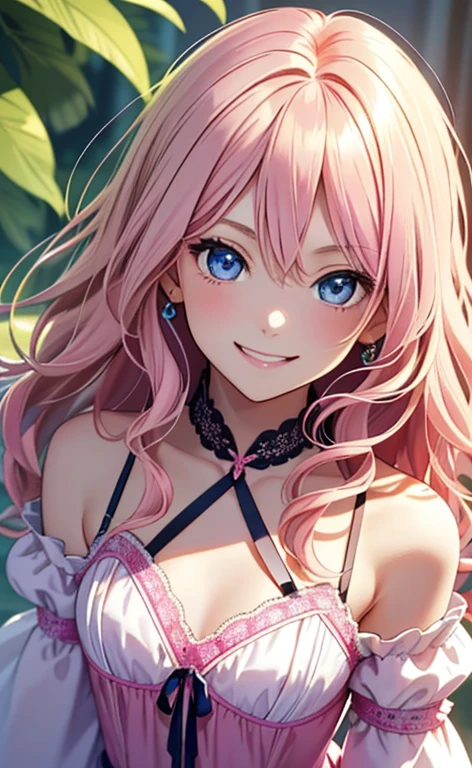 (masterpiece:1.4、top-quality、illustration:1.4,realistic、)、(character focus、,upper body:1.3)、(1girl),(happy smile:1.3),(cute),cute face,blue eyes、(from above:1.3)、
,(stand:1.4),(pink blonde　hair),hair ornaments、
,(slender),（loose dress:1.3),
(wavy hair), (flat chest:1.3)、
、slender、