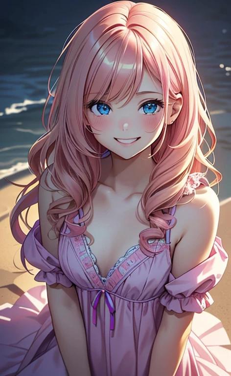 (masterpiece:1.4、top-quality、illustration:1.4,realistic、)、(character focus、,upper body:1.3)、(1girl),(happy smile:1.3),(cute),cute face,blue eyes、(from above:1.3)、
,(stand:1.4),(pink blonde hair),hair ornaments、
,(slender),(loose dress:1.3),
(wavy hair), (flat chest:1.3)、
、slender、
