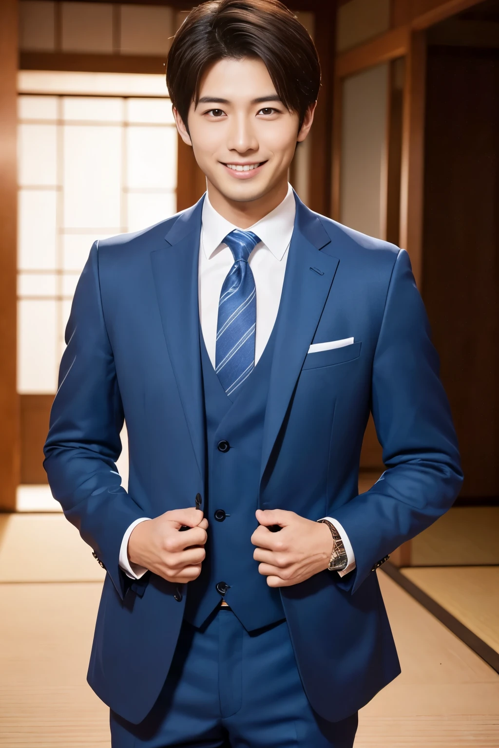 (highest quality、Best image quality、超A high resolution)、Japanese、Handsome man、30 years old、Happy young Japanese businessman president、Very attractive businessman, Elegant costumes and halls々Stand with arms folded and a smile、masterpiece、Photo realistic、The background is blurred、Big smile、Latest stylish suits 、Medium Hair、Super cool、Twink、Soft skin and a nice perfect face、8k、Surreal、