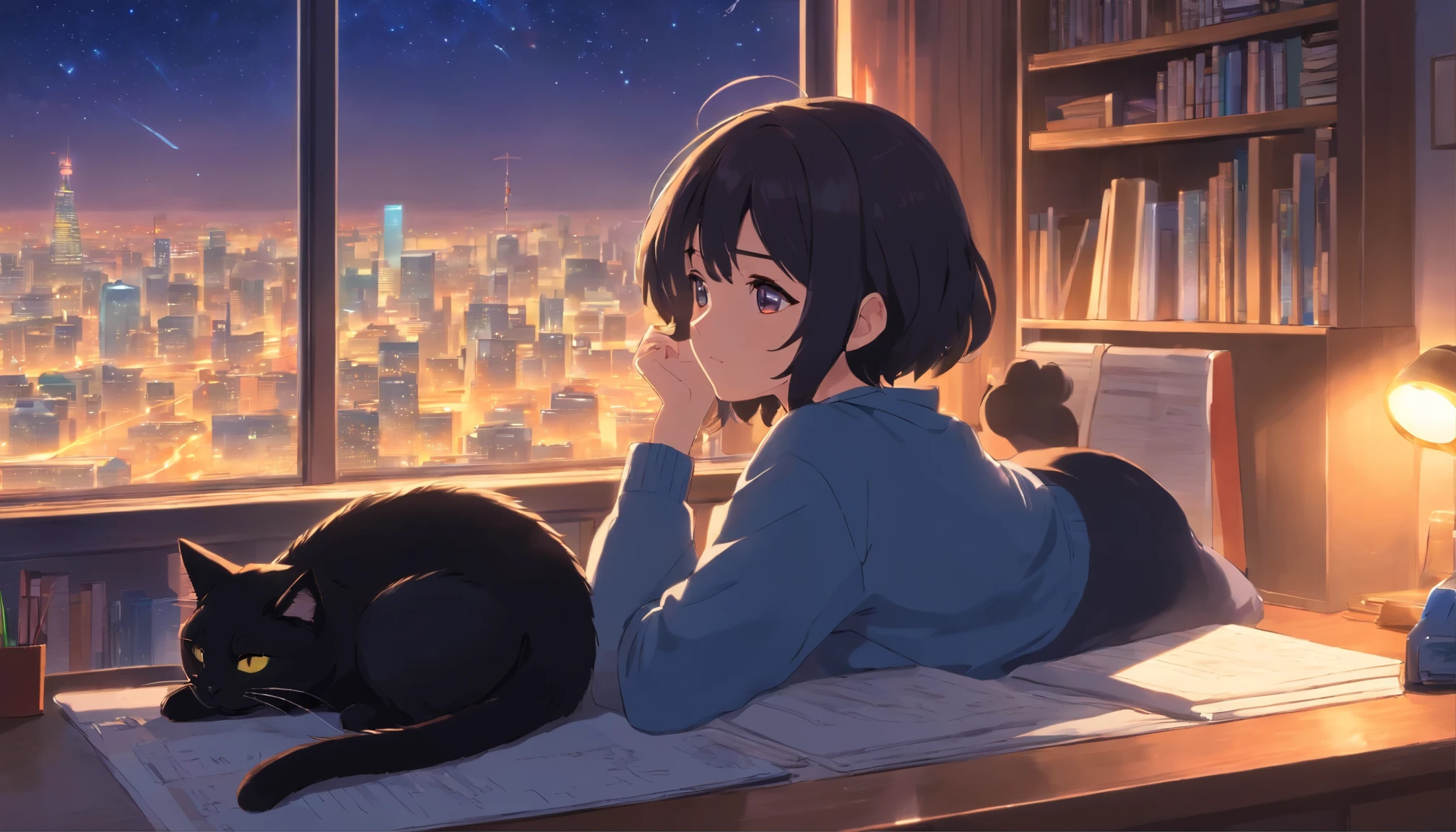 (best quality,highres:1.2),ultra-detailed,photorealistic,anime style,lofi music,illustration[close-up],beautiful girl studying in a room,books beside,[laptop:1.1],[view of night city:1.1],[listening to music while studying],[mood is cozy but room is slightly dim],[black cat curled up sleeping nearby]。