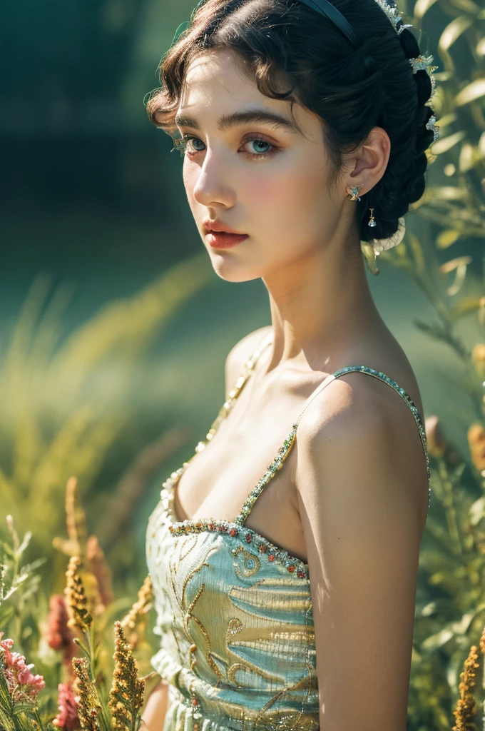 ( masterpiece, top quality, best quality,8k, girl,ultra detailed,raw photo:1.5),(photorealistic:1.4),(cinematic lighting), PerfectNwsjMajic, , Surrealism, UHD, ccurate, Super detail, textured skin, High detail, Best quality, dynamic angle, (high nose,White skin),[Beautiful blue eyes],(1girl),(good anatomy:0.5)), a woman in a dress, rococo queen, rococo fashion, rococo style portrait,rococo dress, rococo cyberpunk, No estilo de arte de Bowater, Senhora Vitoriana, Dreamy atmosphere,expressive brush strokes, mystical ambiance, Artistic interpretation, a whimsical illustration, Subtle colors and tones, face, (pin curls hairstyle), Palace 