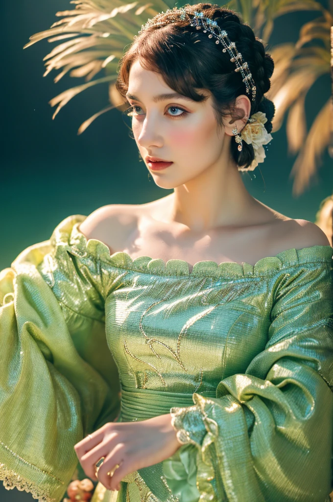 ( masterpiece, top quality, best quality,8k,17 years old girl,ultra detailed,raw photo:1.5),(photorealistic:1.4),(cinematic lighting), PerfectNwsjMajic, , Surrealism, UHD, ccurate, Super detail, textured skin, High detail, Best quality, dynamic angle, (high nose,White skin),[Beautiful blue eyes],(1girl),(good anatomy:0.5)), a woman in a dress, rococo queen, rococo fashion, rococo style portrait,rococo dress, rococo cyberpunk, No estilo de arte de Bowater, Senhora Vitoriana, Dreamy atmosphere,expressive brush strokes, mystical ambiance, Artistic interpretation, a whimsical illustration, Subtle colors and tones, sunny,face, (pin curls hairstyle), Palace 
