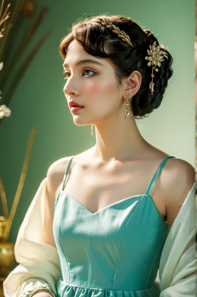 ( masterpiece, top quality, best quality,8k,17 years old girl,ultra detailed,raw photo:1.5),(photorealistic:1.4),(cinematic lighting), PerfectNwsjMajic, , Surrealism, UHD, ccurate, Super detail, textured skin, High detail, Best quality, dynamic angle, (high nose,White skin),[Beautiful blue eyes],(1girl),(good anatomy:0.5)), a woman in a dress, rococo queen, rococo fashion, rococo style portrait,rococo dress, rococo cyberpunk, No estilo de arte de Bowater, Senhora Vitoriana, Dreamy atmosphere,expressive brush strokes, mystical ambiance, Artistic interpretation, a whimsical illustration, Subtle colors and tones, sunny,face, (pin curls hairstyle), Palace 