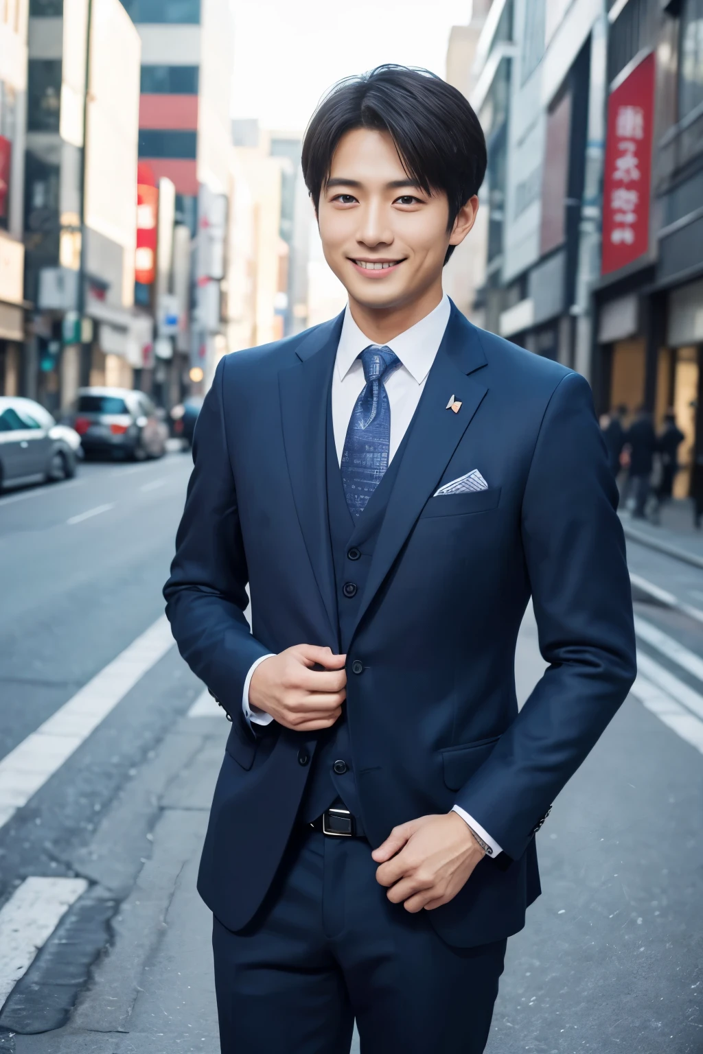 (highest quality、Best image quality、超A high resolution)、Japanese、Handsome man、30 years old、Happy young Japanese businessman president、Very attractive businessman, Elegant costumes and halls々Stand with arms folded and a smile、masterpiece、Photo realistic、The background is blurred、Big smile、Latest stylish suits 、Medium Hair、Super cool、Twink、Soft skin and a nice perfect face、8k、Surreal、