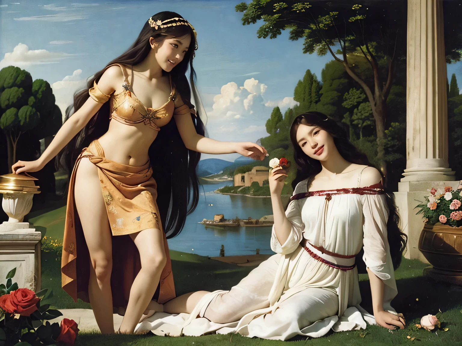full body portrait or statue、Sandro Botticelli painting style,Arguments of two female Philosophe,math、astronomical machine、astronaut、roses in vase、fruits、Cute trinkets、smile、ancient greek costume、Ancient Roman landscape in the style of Nicolas Poussin,laughter,,Sweet and seductive appearance.、Caravaggio's paintings、Chiaroscuro of Caravaggio、hair tousled by the wind,Two women frolicking,cute smile, expression of ecstasy,Sexy,erotic