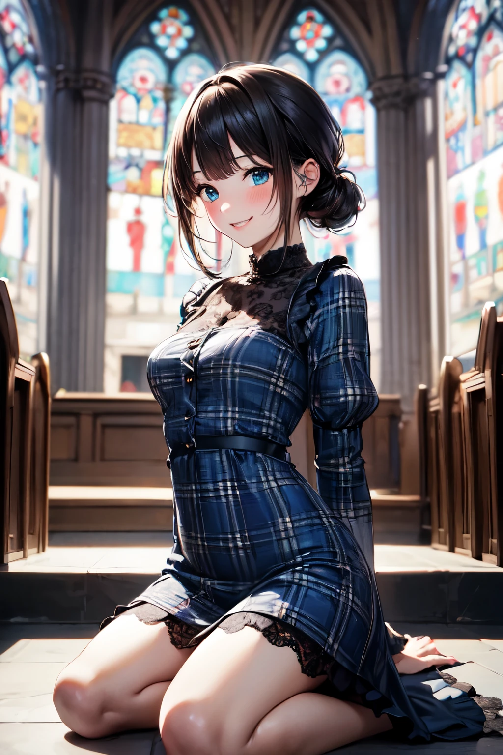 very cute and beautiful girl,(highly detailed beautiful face),(smile:1.2),happy,blush,embarrassed,black hair,looking at viewer, (elegant blue plaid lolita dress with detailed frills),detailed lace, kneeling,arms behind back,altar,church,indoors, (best quality,masterpiece),absurdres,highres,ultra-detailed,extremely detailed,32k,8k resolution, intricate details,cinematic scene,detailed background,solo,dynamic angle,