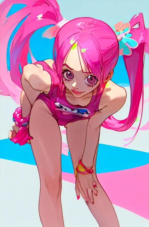 ((masterpiece)), (highest quality), (detailed), One girl,
View your viewers,  (lipstick:0.75), Leaning forward,
Long pink hair, Twin tails,
Colorful thighs,
summer, Vibrant colors,
 ((Pink one piece swimsuit、High leg)))