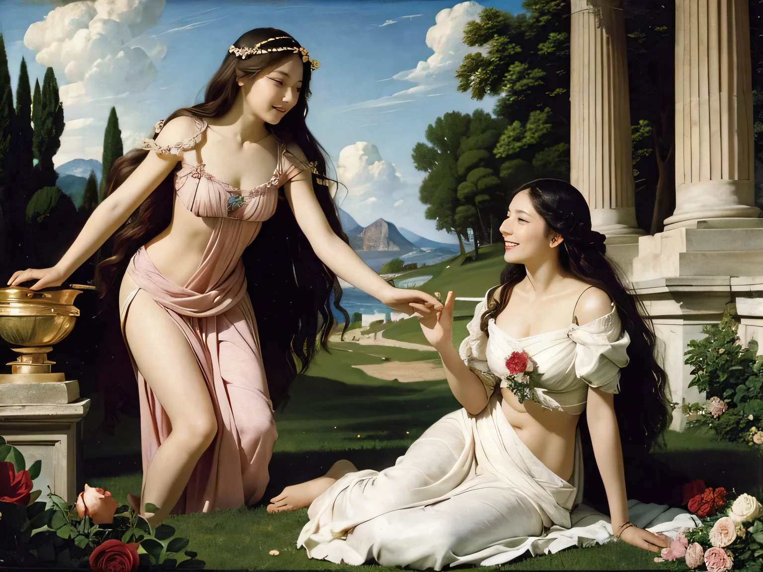 full body portrait or statue、Sandro Botticelli painting style,Arguments of two female Philosophe,math、astronomical machine、astronaut、roses in vase、fruits、Cute trinkets、smile、ancient greek costume、Ancient Roman landscape in the style of Nicolas Poussin,laughter,,Sweet and seductive appearance.、Caravaggio's paintings、Chiaroscuro of Caravaggio、hair tousled by the wind,Two women frolicking,cute smile, expression of ecstasy,Sexy,erotic