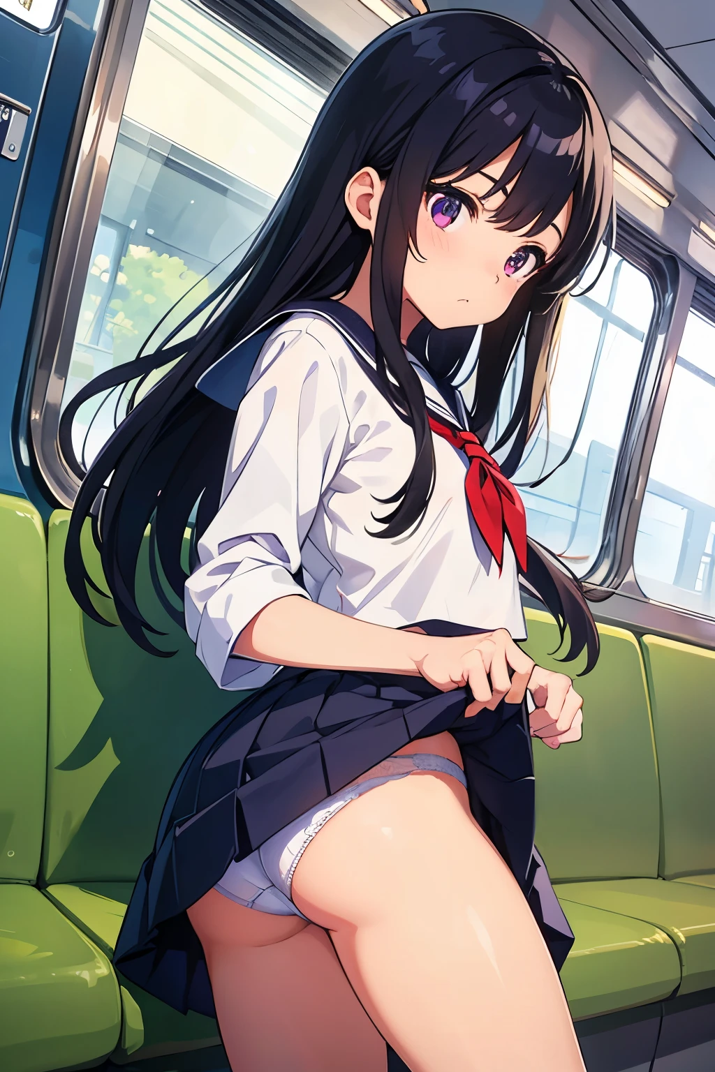 on the train　, 8 years old　Flat chest, r, long hair, purple eyes　White upper body, short-sleeved sailor uniform　Navy blue mini skirt　White panties（（I can see her panties）） White socks　sneakers　on the trainで立ってスカートをたくし上げている　 Dynamic angle Low angle