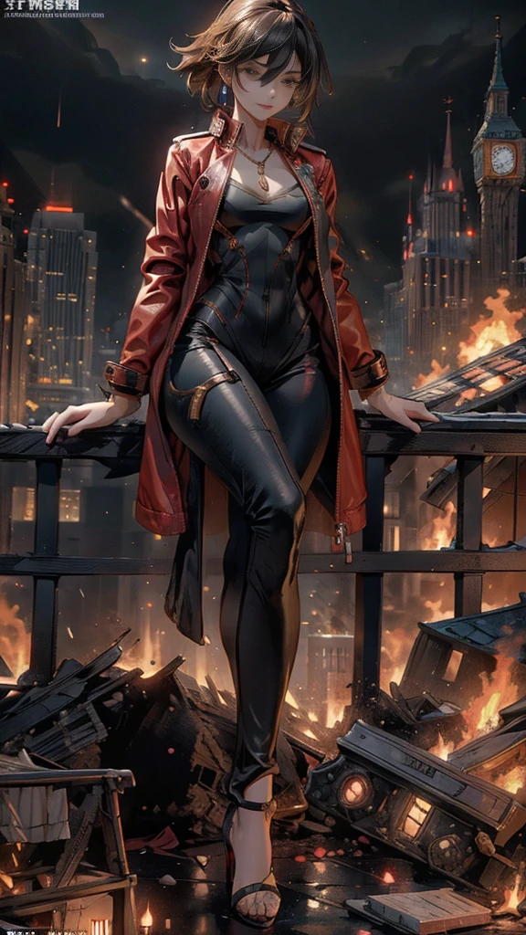 (32k, High resolution, highest quality, masterpiece, 超High resolution), (((Giantess Elements, Typhoon heavy rain))), From above, Perfect dynamic composition:1.0, ((night, In a ruined metropolis just feet high)), (Expressions of sadness:0.7), Highly detailed skin and facial textures:1.2, (Holding a sword:1.5, Towering Giant Young Woman:1.0, taller than a skyscraper:1.0, 400,000 feet high:1.5, Incredibly slim body:1.0), Fair skin, Sexy beauty, Very beautiful face, Water droplets on the skin, (The rain drips down on my body:0.5, Wet body:0.5, Wet Hair:0.5), ((Red Leather Jacket:1.0, Tight black leather pants:1.0)), Shapely breasts, Chest gap, Big eyes that exude beautiful eroticism, Lips that exude beautiful eroticism, necklace, Earrings, bracelet, wedding ring, ribbon, High heels, Full body portrait, ((A ruined world, ruins, Burning metropolis, Major impact, Emphasizing the majesty and power of giants, Increase the destructive element, Lower the building, Making cities smaller))