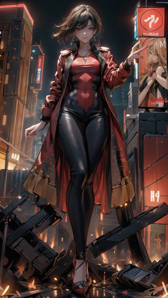 (32k, High resolution, highest quality, masterpiece, 超High resolution), (((Giantess Elements, Typhoon heavy rain))), From above, Perfect dynamic composition:1.0, ((night, In a small metropolis just at foot height)), (Expressions of sadness:0.7), Highly detailed skin and facial textures:1.2, (Holding a sword:1.0, Towering Giant Young Woman:1.0, taller than a skyscraper:1.0, 400,000 feet high:1.5, Incredibly slim body:1.0), Fair skin, Sexy beauty, Very beautiful face, Water droplets on the skin, (The rain drips down on my body:0.5, Wet body:0.5, Wet Hair:0.5), ((Red Leather Jacket:1.0, Tight black leather pants:1.0)), Shapely breasts, Chest gap, Big eyes that exude beautiful eroticism, Lips that exude beautiful eroticism, necklace, Earrings, bracelet, wedding ring, clock, ribbon, High heels, Full body portrait, (Destroy a small city, Burning Small Town, rubble, Destroyed small building, Collapsed highway, Evacuated Residents), ((Major impact, Emphasizing the majesty and power of giants, Increase the destructive element, Lower the building, Making cities smaller))