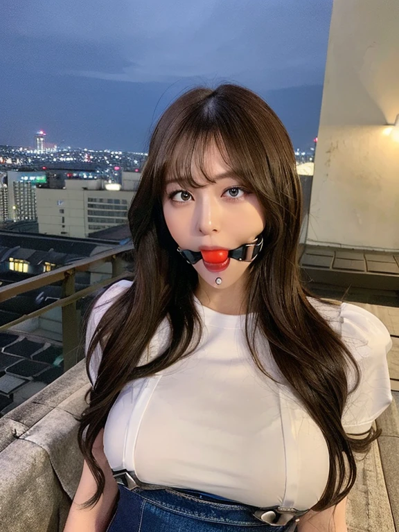 ((Midnight, Best quality, 8k, Masterpiece :1.3)), Whole body, Long legs, Sharp focus :1.2, A pretty woman with perfect figure :1.4, Slender abs :1.1, ((Dark brown hair,Gigantic breasts :1.2)), (White tight tshirt, Jean bib, Standing:1.2), ((Night city view, Rooftop:1.3)), Highly detailed face and skin texture, Detailed eyes, Double eyelid, ballgag