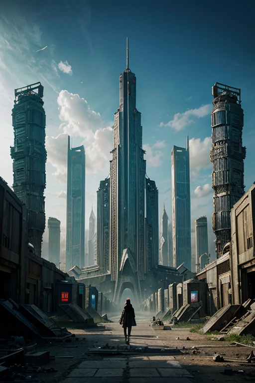 highest quality、A ruined futuristic city、dim、Surrealism