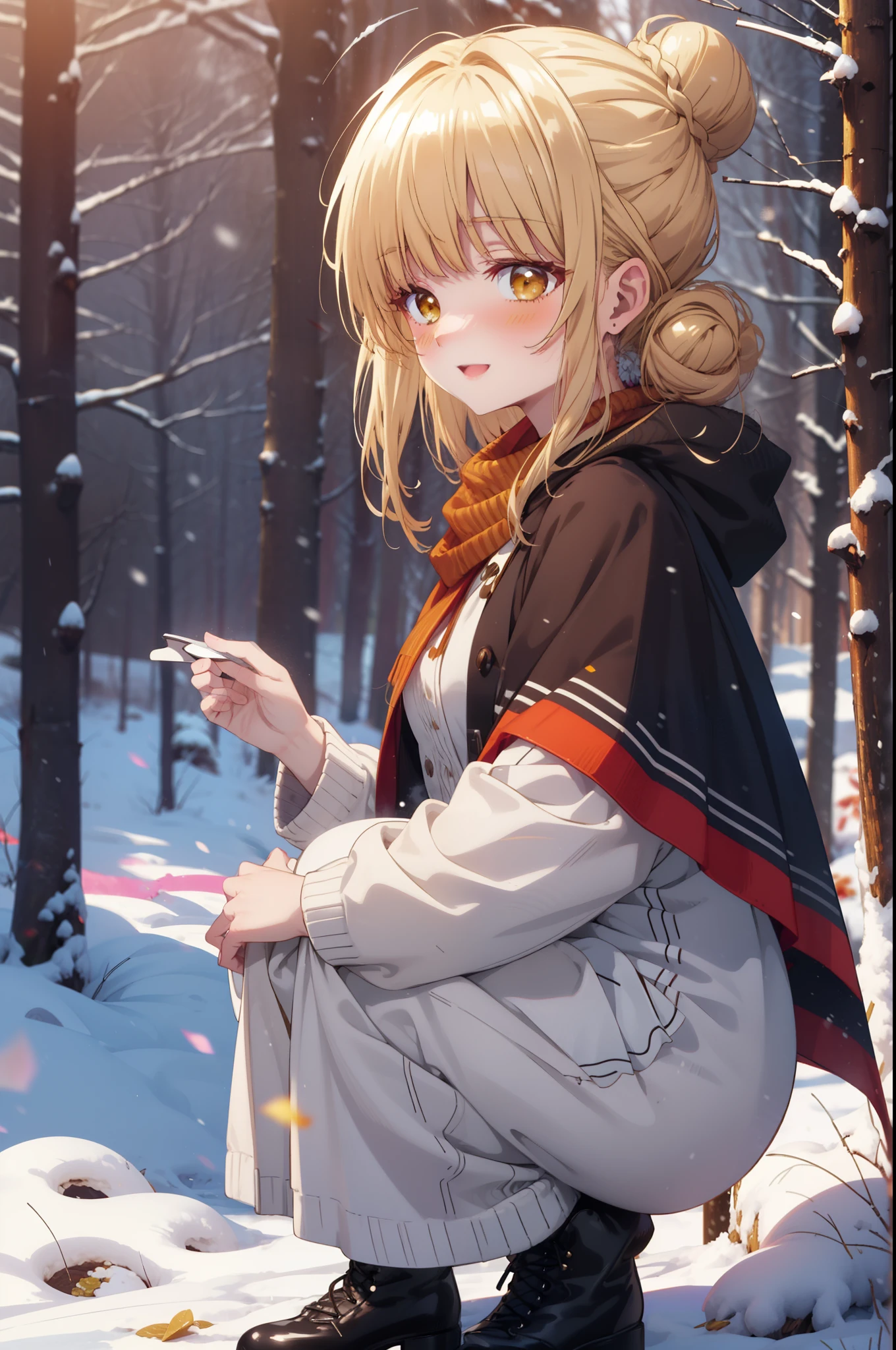 I am mahirushiina, Mahiru shiina, blonde, (Brown eyes:1.7), Long Hair, happy smile, smile, Open your mouth,Hair Bun, single Hair Bun,blush,White Breath,
Open your mouth,snow,Ground bonfire, Outdoor, boots, snowing, From the side, wood, suitcase, Cape, Blurred, Increase your meals, forest, White handbag, nature, Squat, Mouth closed, フードed Cape, winter, Written boundary depth, Black shoes, red Cape break looking at viewer, Upper Body, whole body, break Outdoor, forest, nature, break (masterpiece:1.2), highest quality, High resolution, unity 8k wallpaper, (shape:0.8), (Beautiful and beautiful eyes:1.6), Highly detailed face, Perfect lighting, Highly detailed CG, (Perfect hands, Perfect Anatomy),