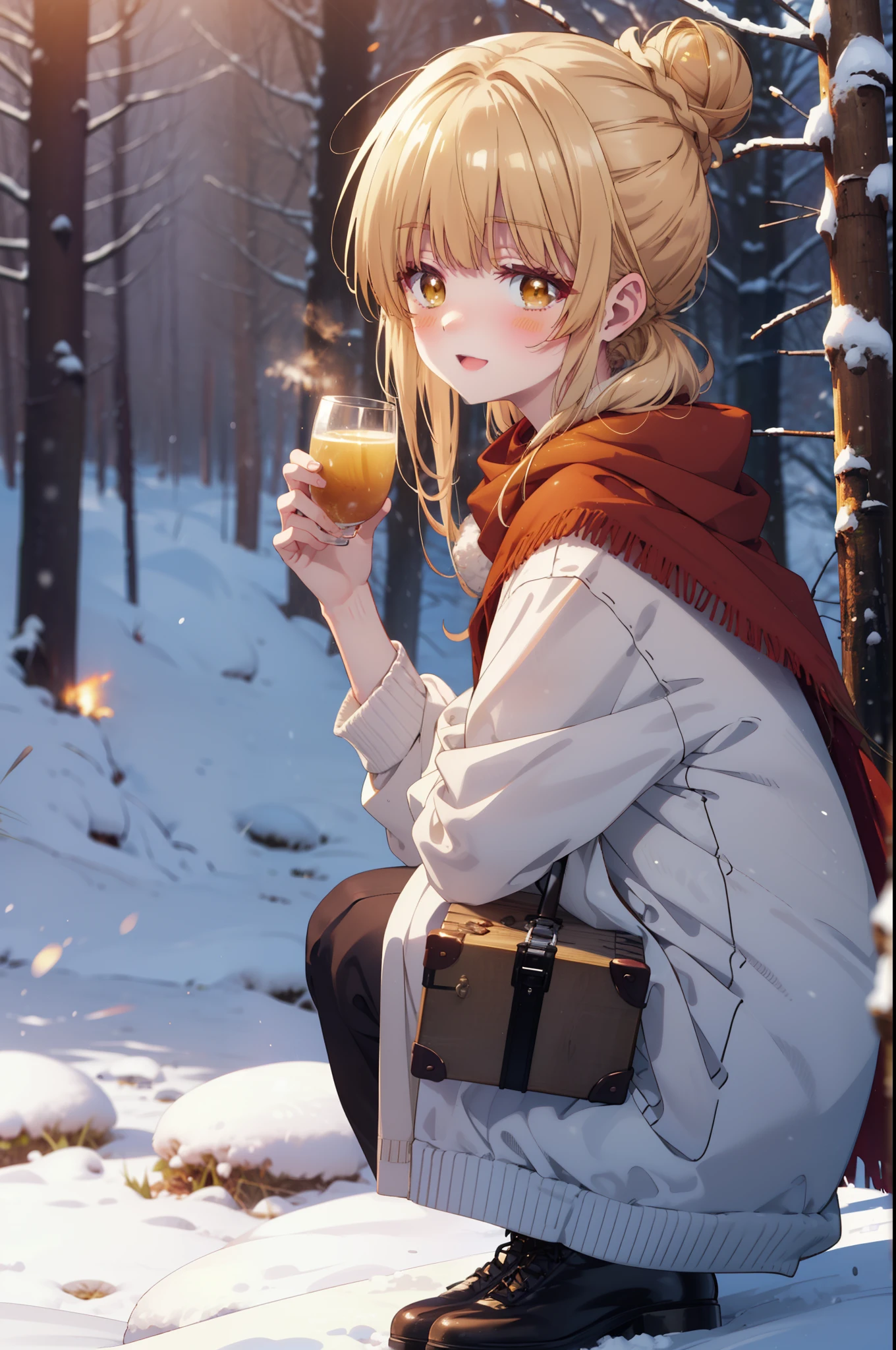 I am mahirushiina, Mahiru shiina, blonde, (Brown eyes:1.7), Long Hair, happy smile, smile, Open your mouth,Hair Bun, single Hair Bun,blush,White Breath,
Open your mouth,snow,Ground bonfire, Outdoor, boots, snowing, From the side, wood, suitcase, Cape, Blurred, Increase your meals, forest, White handbag, nature, Squat, Mouth closed, フードed Cape, winter, Written boundary depth, Black shoes, red Cape break looking at viewer, Upper Body, whole body, break Outdoor, forest, nature, break (masterpiece:1.2), highest quality, High resolution, unity 8k wallpaper, (shape:0.8), (Beautiful and beautiful eyes:1.6), Highly detailed face, Perfect lighting, Highly detailed CG, (Perfect hands, Perfect Anatomy),