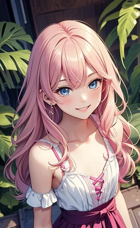 (masterpiece:1.4、top-quality、illustration:1.4,realistic、)、(character focus、,upper body:1.3)、(1girl),(happy smile:1.3),(cute),cute face,blue eyes、(from above:1.3)、
,(stand:1.4),(pink blonde hair),hair ornaments:1.3、
,(slender),(loose dress:1.3),
(wavy hair), (flat chest:1.3)、
、slender、