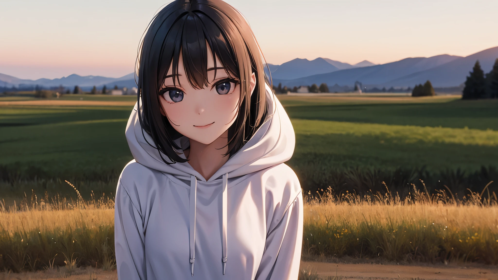 Two-dimensional characters、beautiful girl、smile、Wearing a hoodie、Prairie background