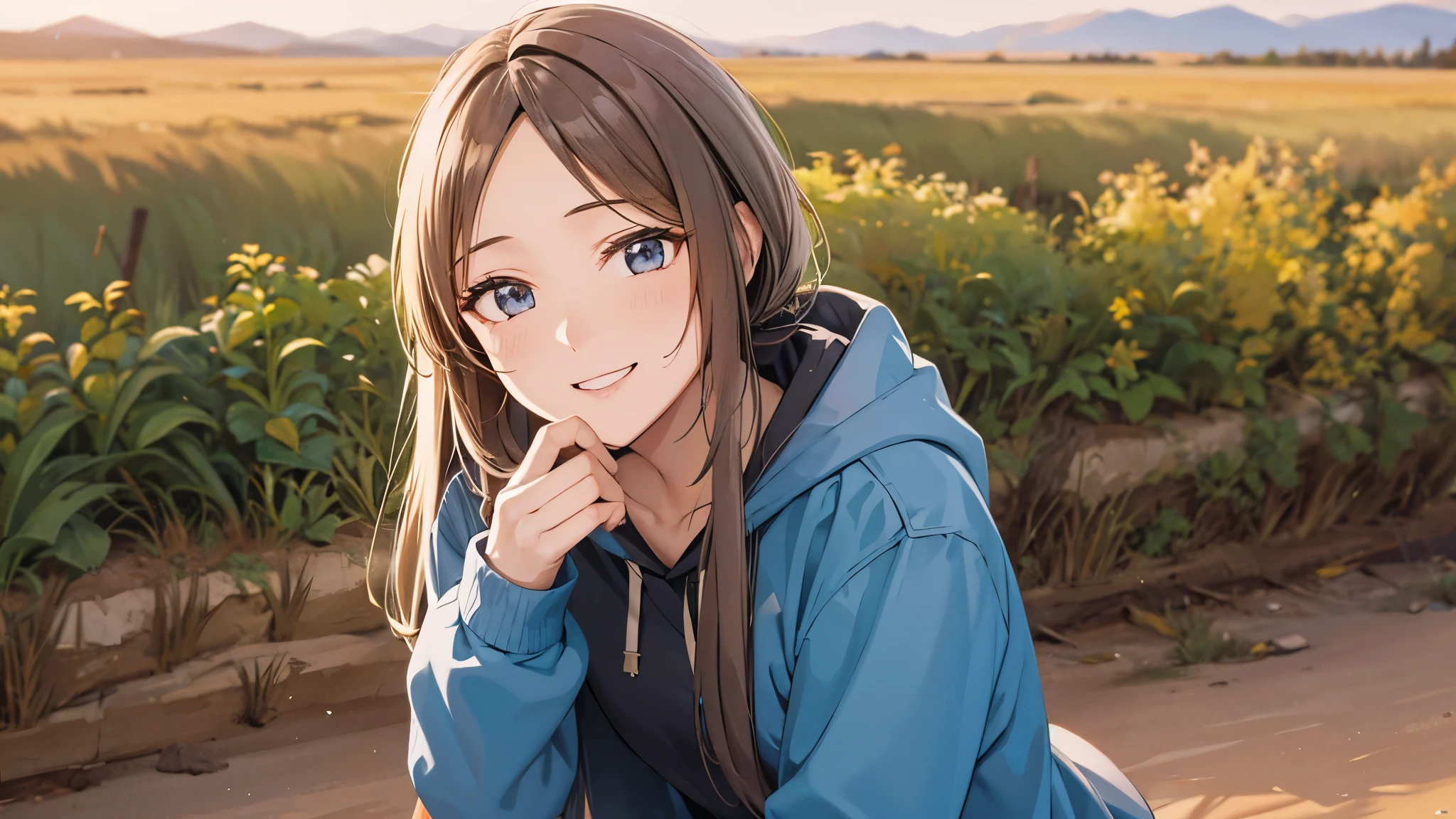 Two-dimensional characters、beautiful girl、smile、Wearing a hoodie、Prairie background