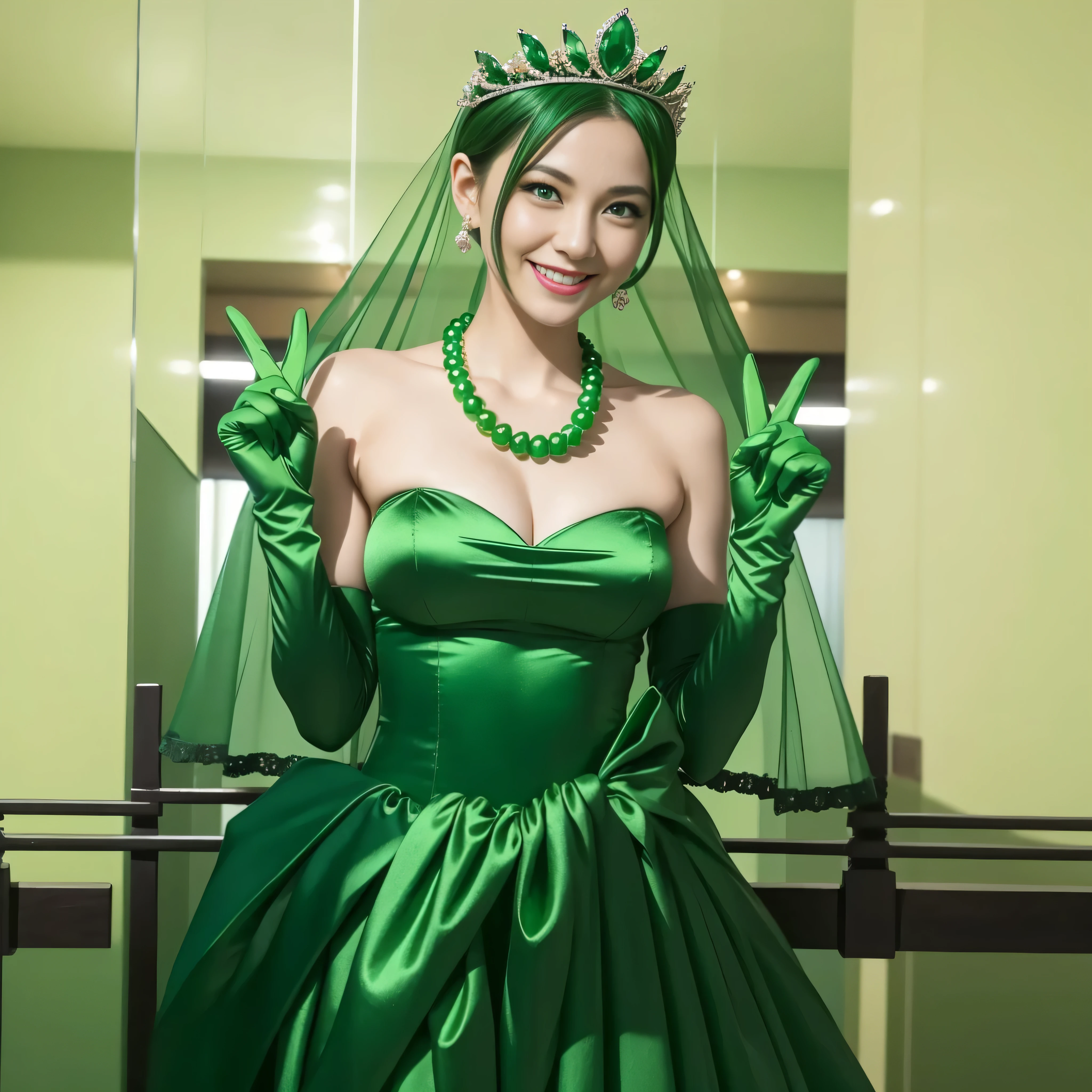 Emerald tiara, Green Pearl Necklace, Boyish very short green hair, lipstick, Smiling Japanese woman, Very short hair, Big tits beautiful, Green Eyes, Long green satin gloves, Green Eyes, v sign, Emerald Earrings, Green Veil