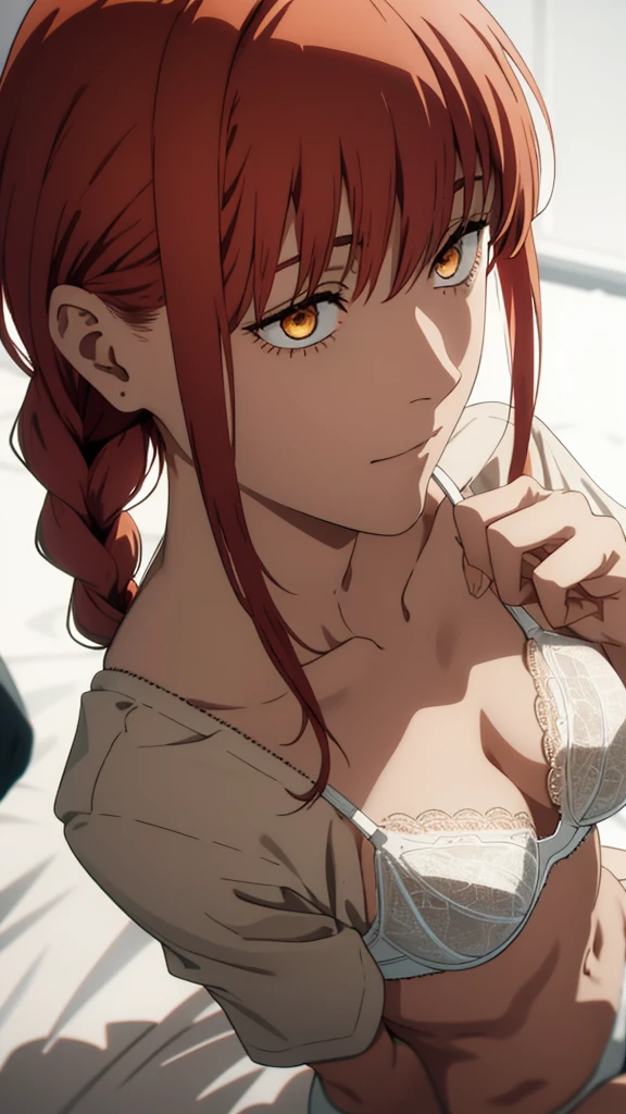 Makima \(Chainsaw Man\),, One girl, only, sit, Redhead, Long braided hair, Golden Eyes, (topless),,  White lace panties, Medium breast, Perfect collarbone, （White lace panties）, (just:1.2),  , Close-up face:0.9, , Upper Body, Best Quality, Glowing Skin, highest quality, High resolution, ,(church),