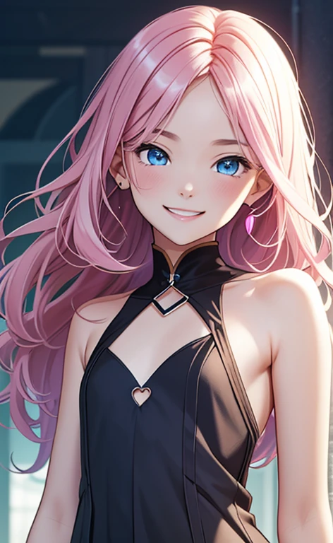 (masterpiece:1.4、top-quality、illustration:1.4,realistic、)、(character focus、,upper body:1.3)、(1girl),(happy smile:1.3),(cute),cute face,blue eyes、(from below:1.3)、
,(stand:1.4),(pink blonde hair),hair ornaments:1.3、
,(slender),(loose dress:1.3),
(wavy hair), (flat chest:1.3)、
、slender、