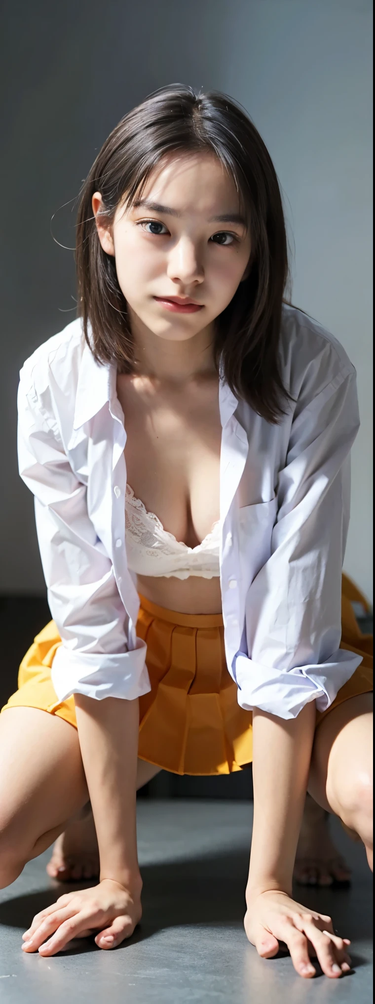 Open shirt, (((Leaning forward))), ((Round face, Around 17 years old,mini skirt、loose breast)),  Long Hair, , Natural Makeup, Lips become thicker, Sweet gaze, barefoot, ((Spread your legs)),  Shooting from below,Gentle expression ,((Extremely precise and accurate anatomy)),  (masterpiece:1.43), Perfect Proportions, Realistic photos, Full Shot, whole body, (height: 157cm), 