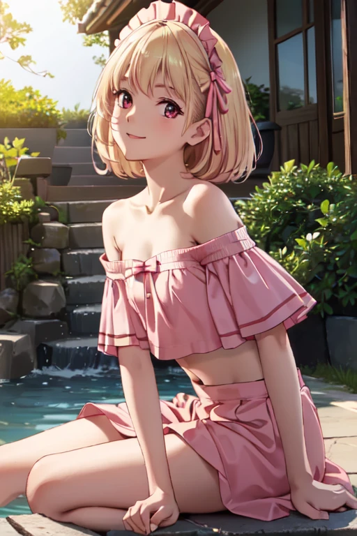 masterpiece, best quality, ultra detailed, highres, extremely detailed CG unity 8k wallpaper, perfect lighting, very detailed background, Outdoor、beautiful and aesthetic,sharp focus, perfect face, Perfect hands、Perfect Fingers、Perfect toes、Five fingers、
1lady、 smiling、
Short blonde, large red eyes、delicate oval face、(flat chest:1.5)、Looking up at the viewer、
(pink maid outfit:1.1)、(off shoulder:1.3)、(midriff peek:1.5)、
Ambient light、Volumetric Light、shoot from side、(Glowing Skin:1.3)