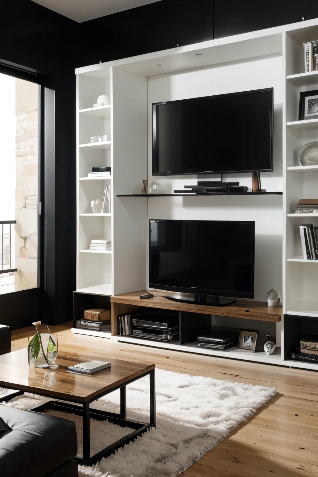 Make a statement with this unique black and white bookshelf, measuring 3 meters wide and 2 meters tall. The shelves are made of a combination of wood and metal, giving it an industrial yet elegant look. The center space is perfect for a television, while the cabinets and decorative shelves offer plenty of storage and display options. The contrast of black and white adds a touch of drama to your living room.