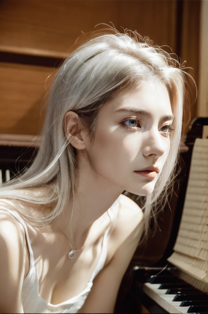 (masterpiece, top quality, best quality,8k,17 years old girl,ultra detailed,raw photo:1.5),(photorealistic:1.4),(cinematic lighting), PerfectNwsjMajic, , Surrealism, UHD, ccurate, Super detail, textured skin, High detail, Best quality, dynamic angle, (high nose,White skin),[Beautiful blue eyes],[flat chest:large breasts:0.5],(1girl),(good anatomy:0.5)), long hair, piano, instrument, black eyes, dress, white dress, white hair, looking at viewer, light particles, closed mouth, indoors, jewelry, sleeveless, bare shoulders, bangs, from side, head rest on piano, head tilt,perfect symmetrical body