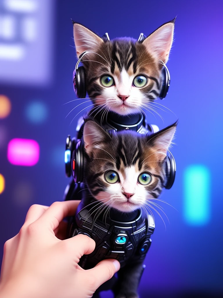 Live Recording、photo、Reality、Cute kitten inside a human body、、Cyberpunk style、((Intricate details))、HDR、((Intricate details、Ultra Detailed))、Movie Lenses、vignette
