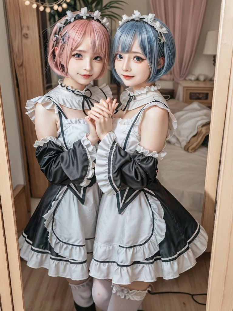 Accurate depiction with high resolution,(8K, Photorealistic, Raw photo, of the highest quality: 1.3), (1girl in), Super beautiful, (Realistic face), (boyish, pink Color Berry Shorthair), Beautiful , Glare that captivates the viewer, Beautiful expression, Beautiful breasts, (Realistic skin), Be...Create a detailed and colorful image of Ram and Rem from Re:Zero, standing back-to-back in their maid outfits, with a magical fantasy background、14years old, two girls,cute, perfect face, beautiful, nice body, gothic ta clothes, gothic loliashion, frilly skirt, headdress, necklace, bracelet, knee-high socks, boots, double eyelids, tear bags, Detailed down to the fingers, photo-like description, indoors, dim indoor lighting, one girl is pink hair and short bob, another girl is light blue hair and short bob,standing,whole body, composition that shows the whole body, smiling,The Both of them are wearing the same type of maid outfit,Optimal ratio of 4 fingers and 1 thumb