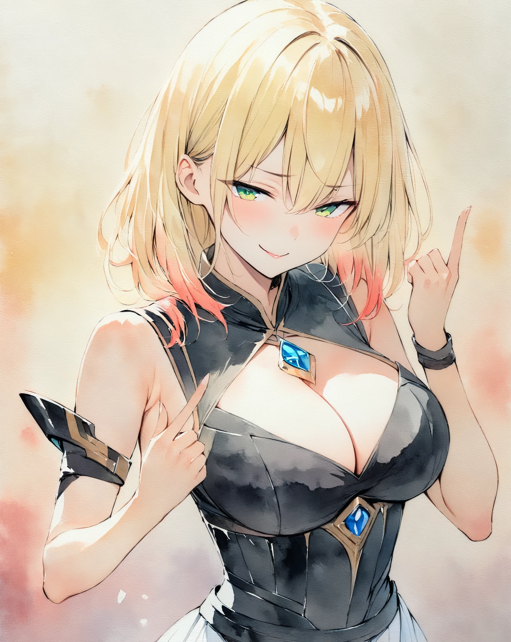 masterpiece, Best quality, watercolor (medium), 1girl, breast, Solitary, Short shoulder-length hair, Cleavage, Blonde pick-dye hair, Jewel green eyes, Bangs, jewelry, skirt, Bare shoulders, sleeveless, Hair between the eyes, 单Scapula, looking at the audience, Photo poses, Hand gesture with index and middle finger raised, large breast, armor, shoulder armor, sleeveless skirt, Upper Body, Single sleeve, white skirt, Scapula, Naughty smile