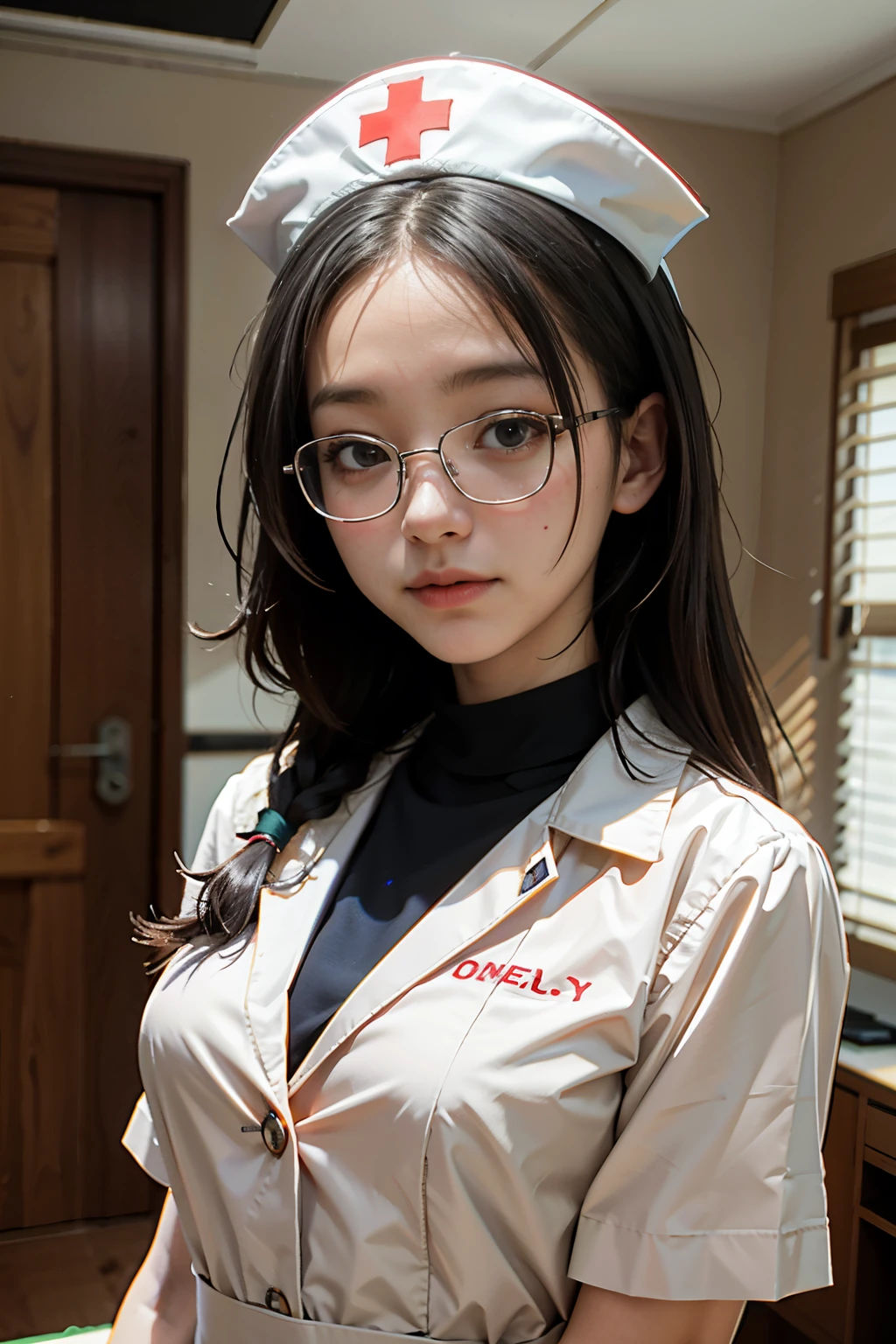 Best Quality, Masterpiece, Ultra High Resolution, (Realisticity: 1.4), Original Photo, 1Girl, Conservatively Dressed, Nurse's Wear, Film Lighting, Big Breasts, Cover Chest