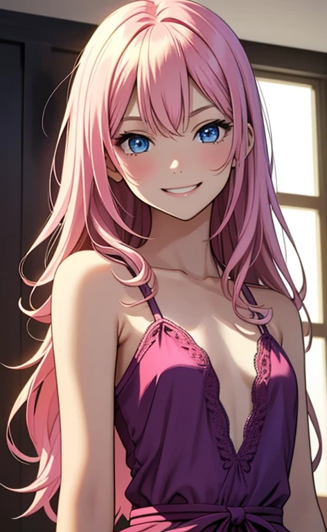 (masterpiece:1.4、top-quality、illustration:1.4,realistic、)、(character focus、,upper body:1.3)、(1girl),(happy smile:1.3),(cute),cute face,blue eyes、(from below:1.3)、
,(stand:1.4),(pink blonde hair),hair ornaments:1.3、
,(slender),(loose dress:1.3),
(wavy hair), (flat chest:1.3)、
、slender、