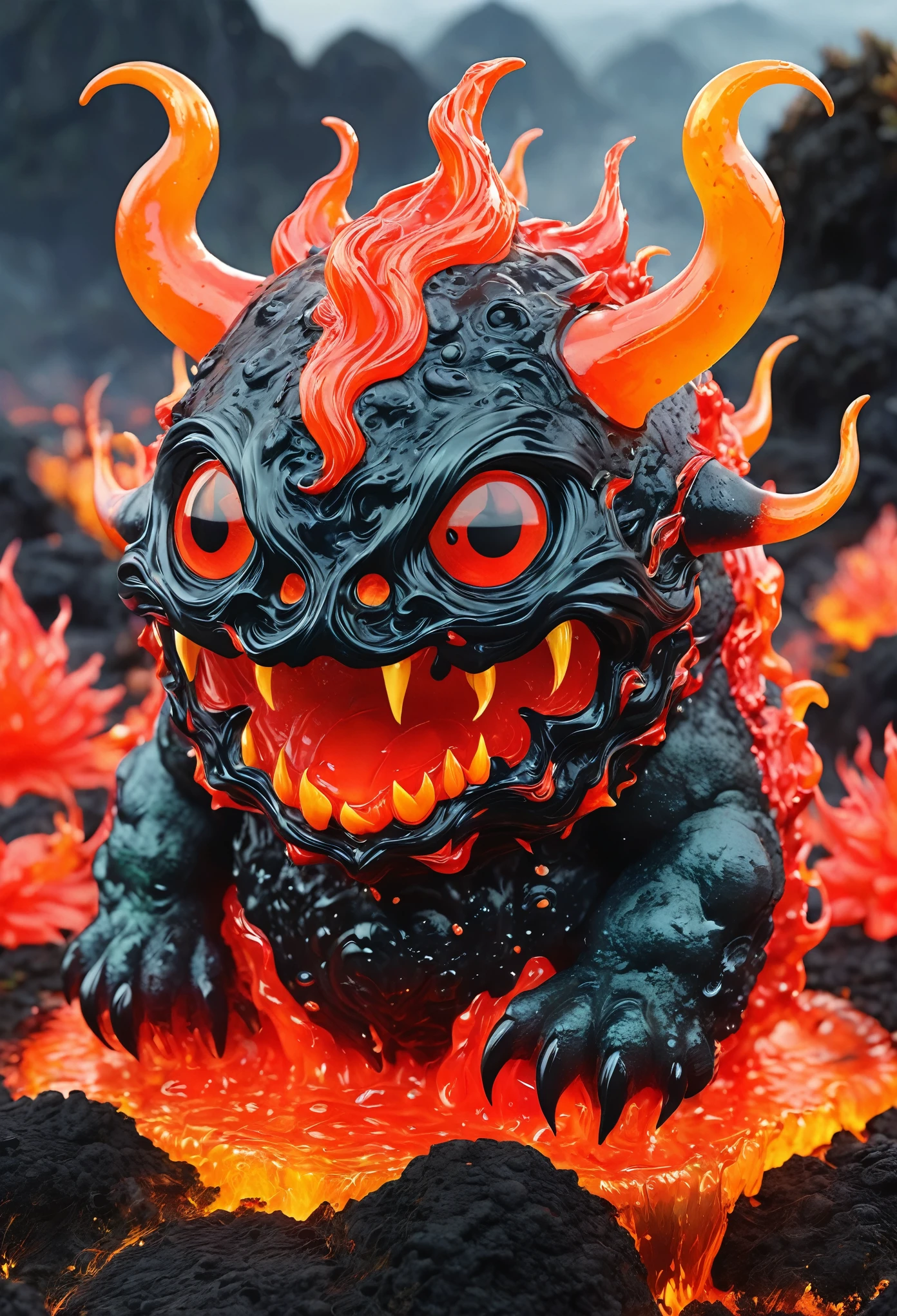 best quality, very good, 16K, Ridiculous, Extremely detailed, Cute round slime demon，Has horns made of translucent boiling lava, Background grassland（（A masterpiece full of fantasy elements）））， （（best quality））， （（Intricate details））（8k）