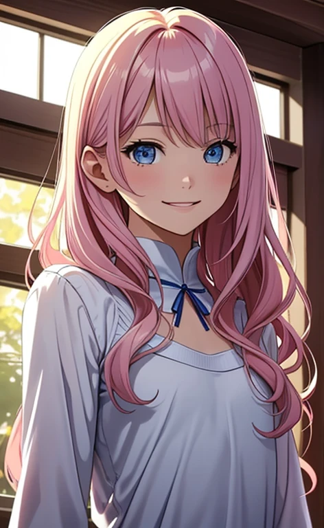(masterpiece:1.4、top-quality、illustration:1.4,realistic、)、(character focus、,upper body:1.3)、(1girl),(happy smile:1.3),(cute),cute face,blue eyes、(from below:1.3)、
,(stand:1.4),(pink blonde　hair),hair ornaments:1.3、
,(slender),（loose dress:1.3),
(wavy hair), (flat chest:1.3)、
、slender、