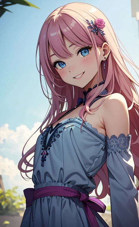 Super detailed,(highest quality),((masterpiece)),(High resolution),original,very,Sanyueki, One girl, alone, Pink Hair, smile,bangs, Open your mouth, :d, View Viewer,Long sleeve, Long Hair, Purple eyes, Outdoor, shirt, Hair between the eyes, cloud, choker, Day, white shirt,chest, black choker, Earrings, blush, Pink Eyes,blue eyes, Exposing shoulders,Thighs,whole body