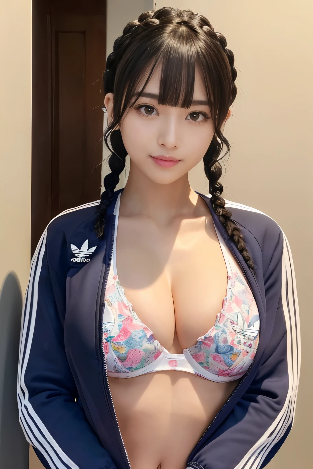 (highest quality:1.2), masterpiece,
(very cute:1.3), alone, Are standing, View your viewers, Very detailed、masterpiece、highest quality、Ultra-high resolution energy A、8K High Resolution、Photogenic transparency、Detailed eyes、Gradation、Perfect anatomical figure , Nikon Z9 80mm Lens, Beautiful posture、yes、Browsing Caution、Thin eyebrows、Detailed eyes、Detailed nose、Mouth Details、Fine ears、Golden ratio face、(Curvaceous)、(Ideal ratio)、High definition eyes and feet、Long neck、eyelash、(Black Hair、Blunt bangs, Long Hair, Braided hair, The forehead is hidden by the bangs:1.4)、(Big Breasts、Accentuate your breasts、underboob:1.8)、(Shapely breasts:1.8)、(smile、Pink Lips、plump lower lip:1.4)、(Navy blue Adidas tracksuit open at the front、White underwear is visible,Colorful scrunchies:1.8)