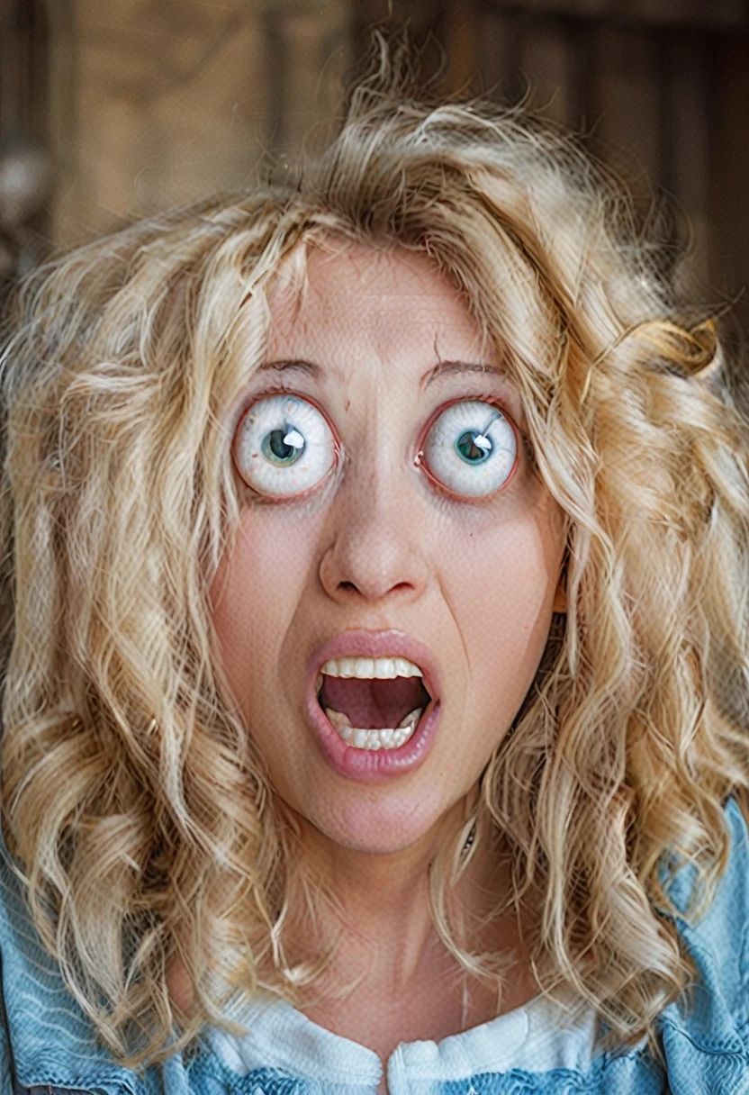 cinematic still. blonde hair woman with facial expression of astonishment, mouth open, big eyeballs