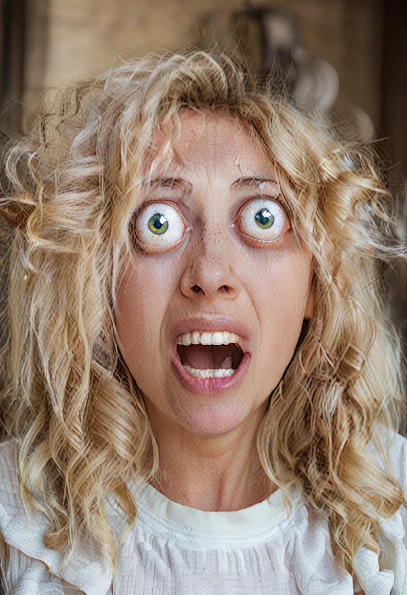 cinematic still. blonde hair woman with facial expression of astonishment, mouth open, big eyeballs