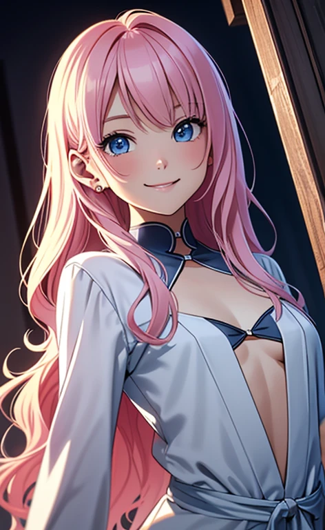 (masterpiece:1.4、top-quality、illustration:1.4,realistic、)、(character focus、,upper body:1.3)、(1girl),(happy smile:1.3),(cute),cute face,blue eyes、(from below:1.3)、
,(stand:1.4),(pink blonde hair),hair ornaments:1.3、
,(slender),(loose dress:1.3),
(wavy hair), (flat chest:1.3)、
、slender、