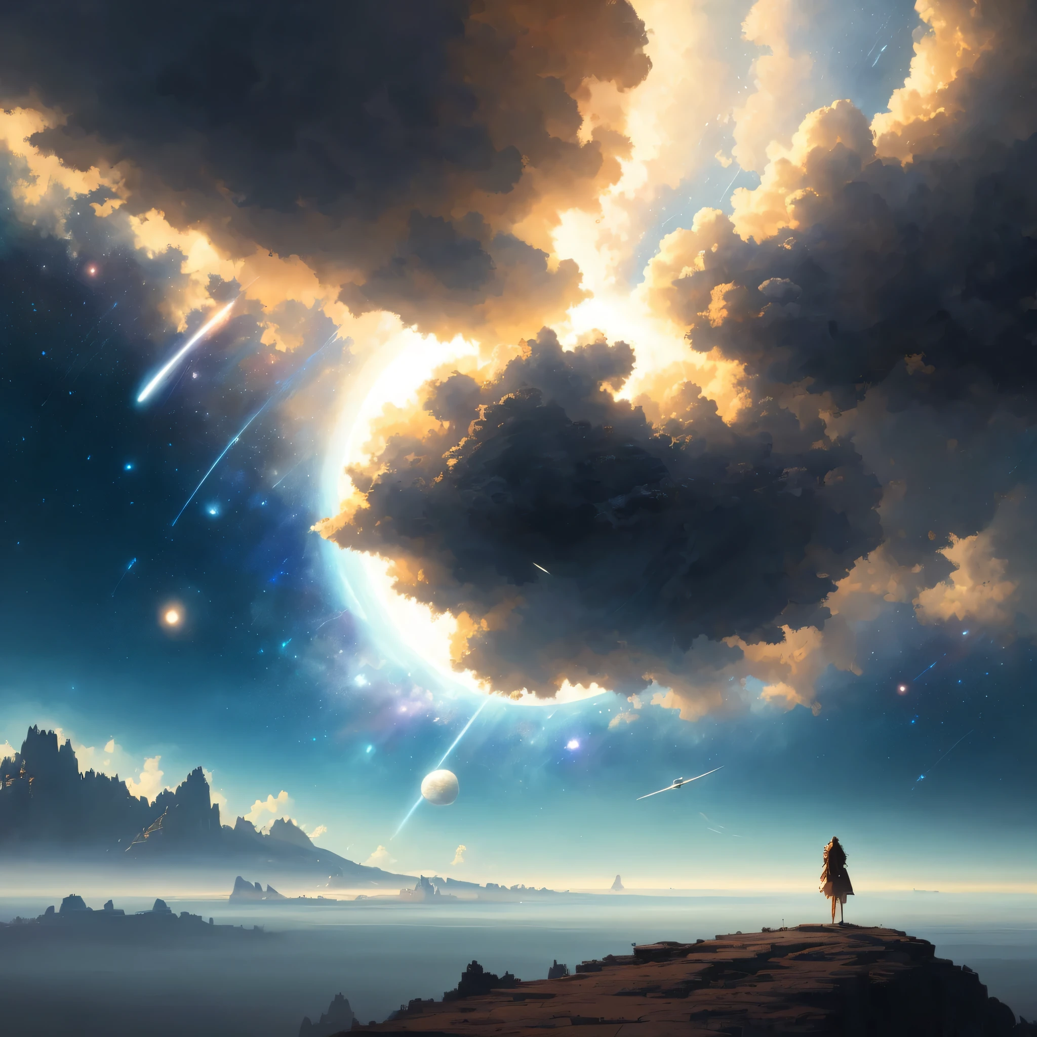 (Very detailed CG unity 8k wallpapers), panoramas of the most beautiful outer space artwork, sci-fi space landscapes, planets, Ed Blinkey, Atey Ghailan, professional majestic paintings of Studio Ghibli, Jeremy Mann, Greg Manchess, Antonio Moro, Trending on ArtStation, Trending on CGSociety, Intricate, High Detail, Sharp focus, dramatic, photorealistic painting art by midjourney and greg rutkowski