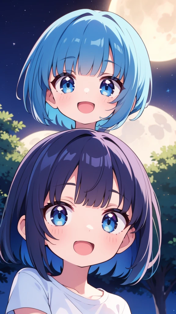 masterpiece, best quality, solo, ,
short hair, blue hair, straight hair, blue eyes, t-shirt, open mouth, small breasts, light smile, blunt bangs,
portrait, forest, night, moon,
