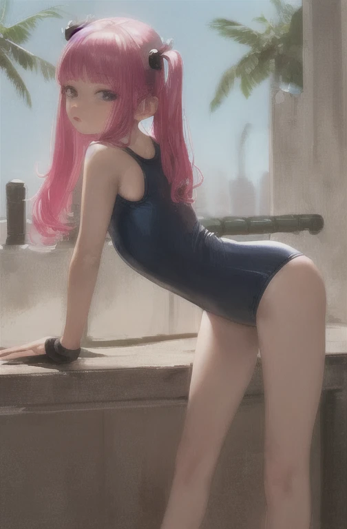 ((masterpiece)), (highest quality), (detailed), One girl,
View your viewers,  (lipstick:0.75), Leaning forward,
Long pink hair, Twin tails,
Colorful thighs,
summer, Vibrant colors,
 ((Pink one piece swimsuit、High leg)))